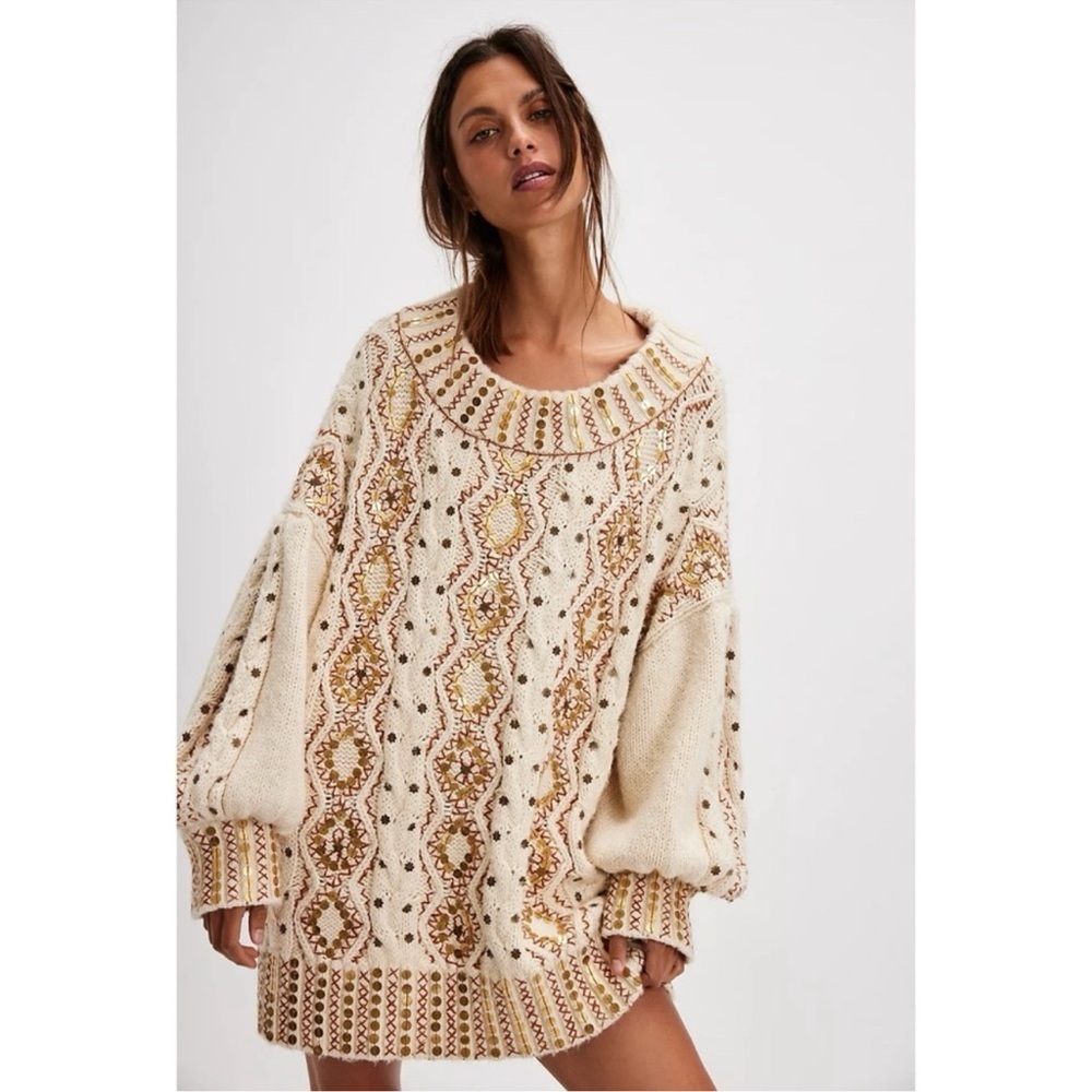 Free People Cable Knit Embellished Sequin Sweater Cream Gold Red XS